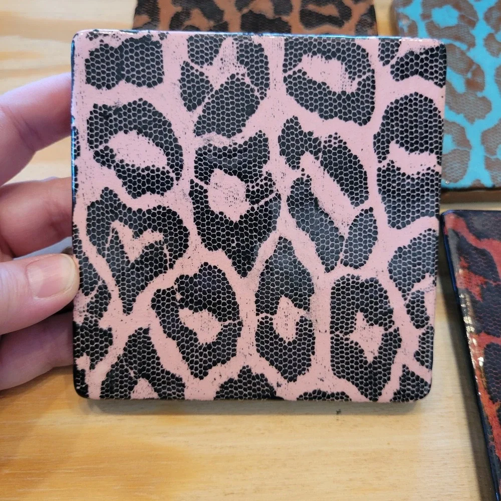 Animal Print Set of 4 Ceramic Coaster Square Tiles w/Footed Stand Multicolor